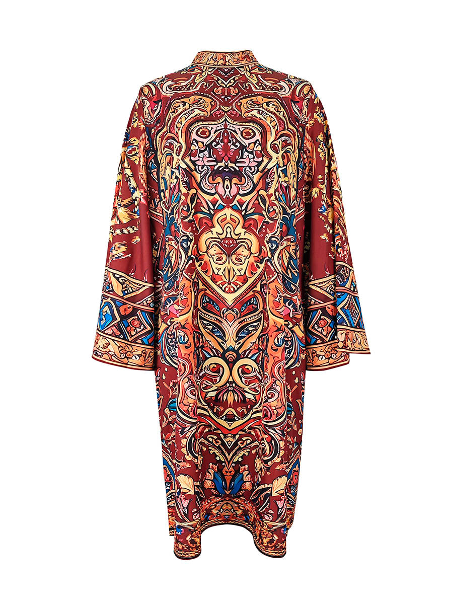 Contrast Print Mock Neck Midi Dress with Long Sleeves and Loose Fit Modeberg Bern