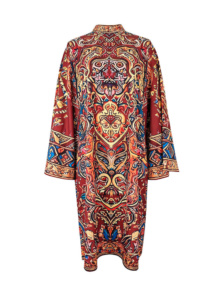 Contrast Print Mock Neck Midi Dress with Long Sleeves and Loose Fit Modeberg Bern