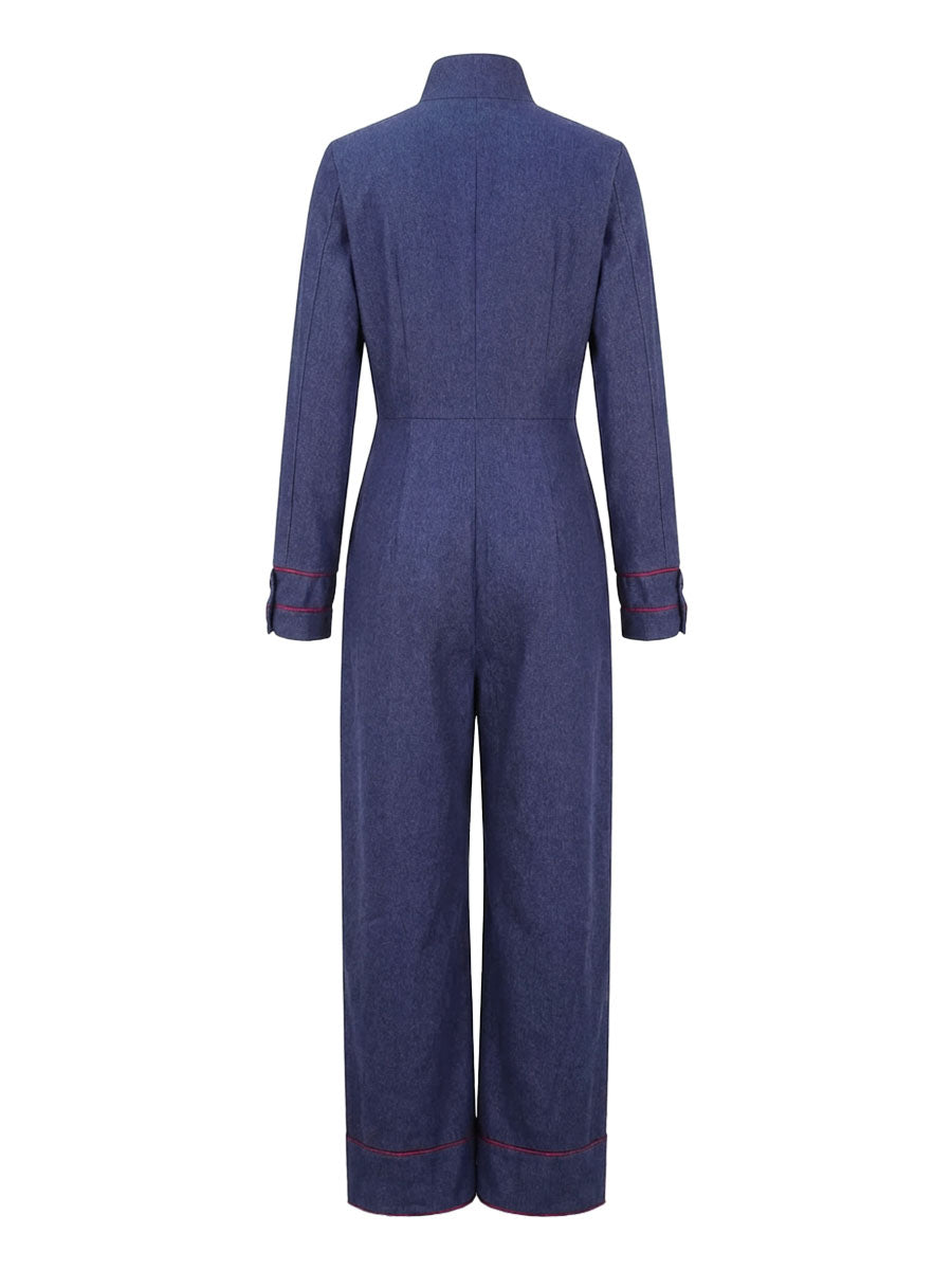 Denim Long Sleeve Jumpsuit with Stand Collar and Wide Leg Modeberg Bern