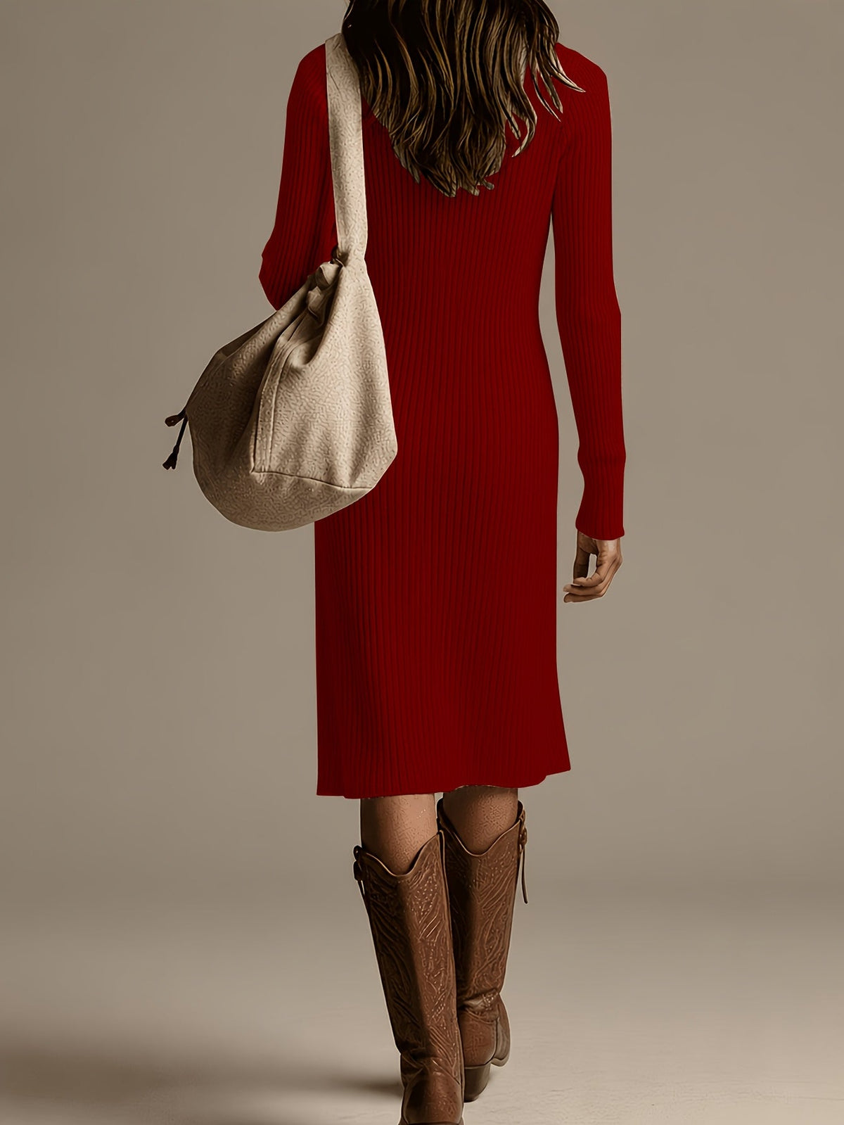Ribbed Knit V-Neck Long Sleeve Midi Dress Modeberg Bern