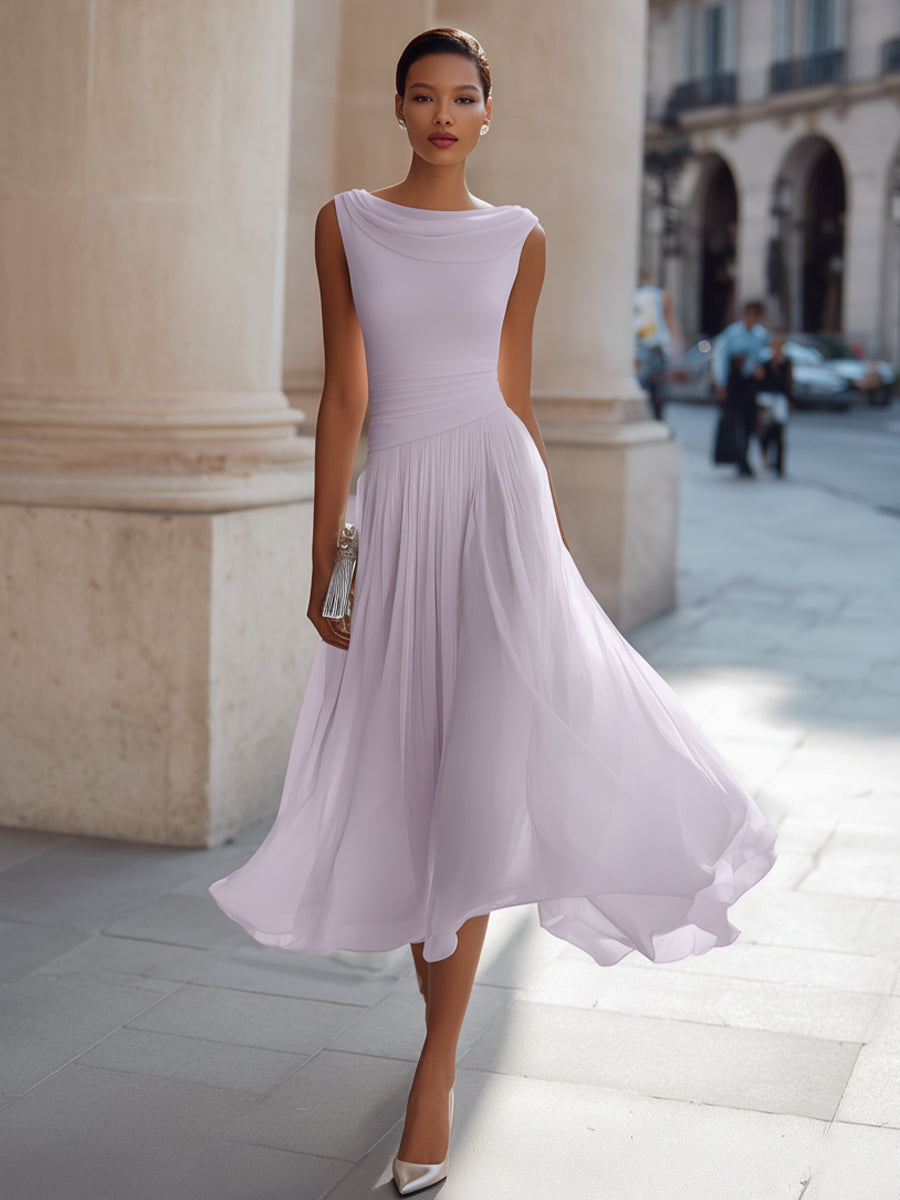 Draped Neck Sleeveless Pleated Occasion Midi Dress Modeberg Bern