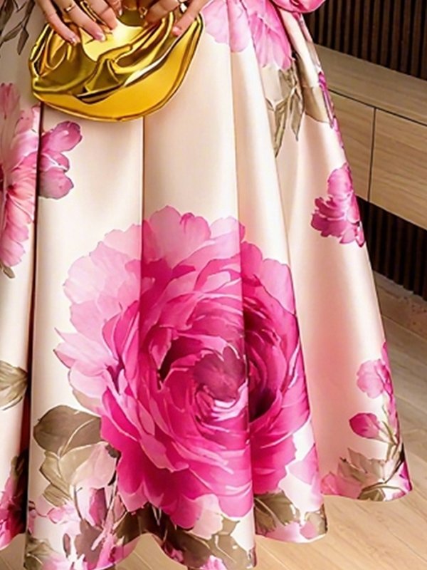 Floral Print A-Line Maxi Dress – Pleated Mock Neck Modeberg Bern