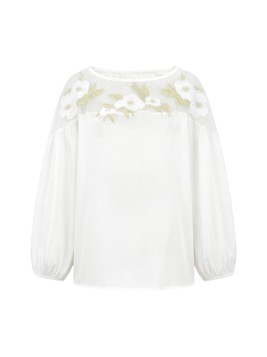 White Floral Applique Mesh Puff Sleeve Blouse Modeberg Bern