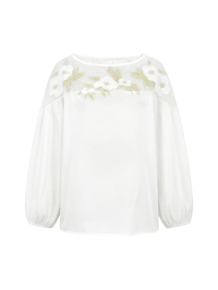 White Floral Applique Mesh Puff Sleeve Blouse Modeberg Bern