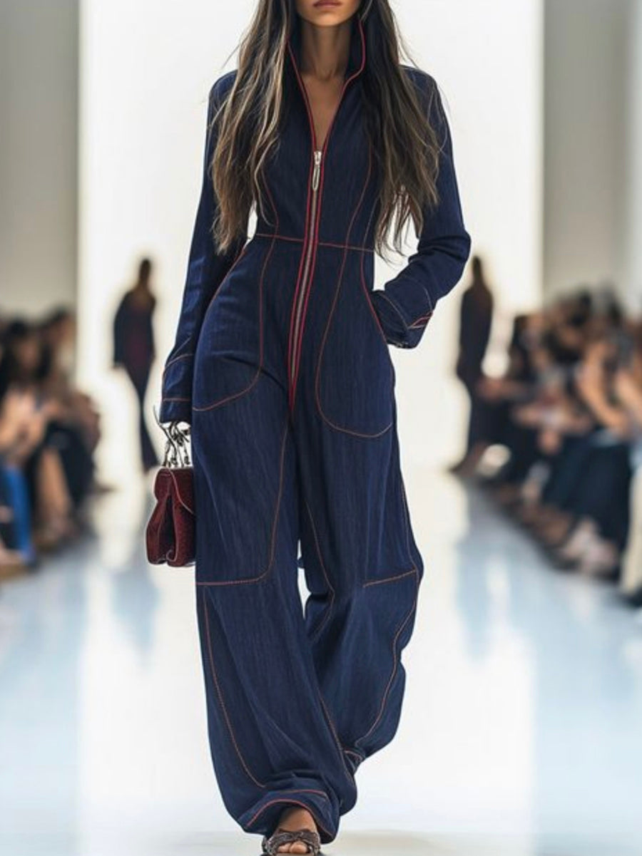 Denim Long Sleeve Jumpsuit with Stand Collar and Wide Leg Modeberg Bern