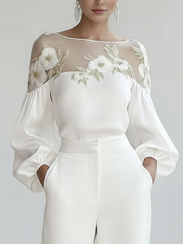 White Floral Applique Mesh Puff Sleeve Blouse Modeberg Bern