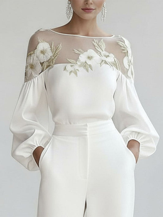 White Floral Applique Mesh Puff Sleeve Blouse Modeberg Bern
