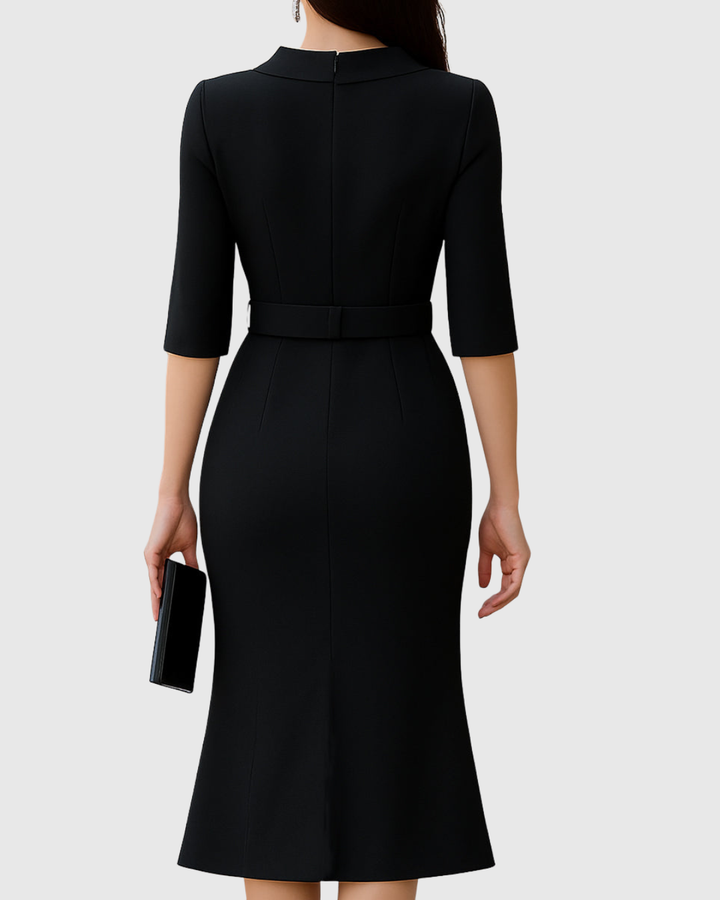 Belted High-Neck Black Midi Dress Modeberg Bern