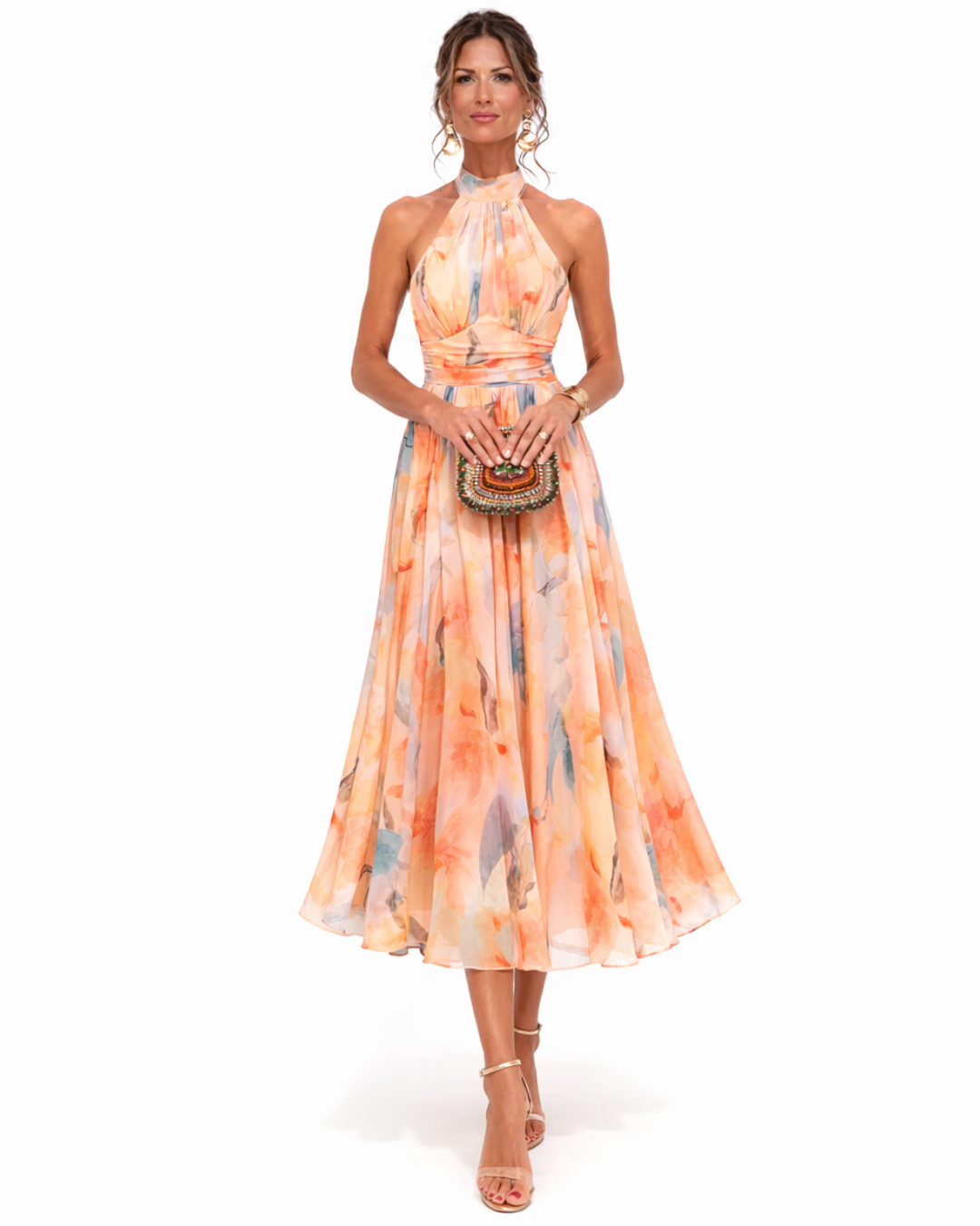 Watercolour Print Halter Neck Occasion Midi Dress Modeberg Bern