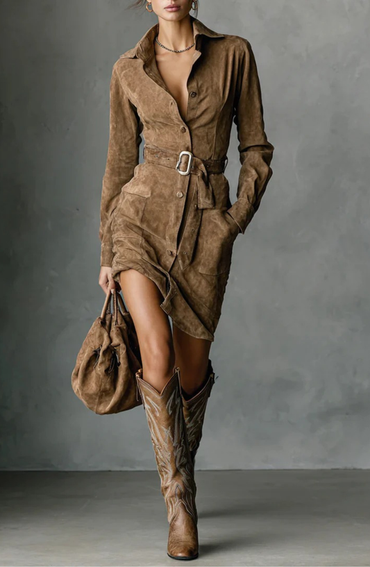 Collared Belted Button-Front Mini Shirt Dress Modeberg Bern