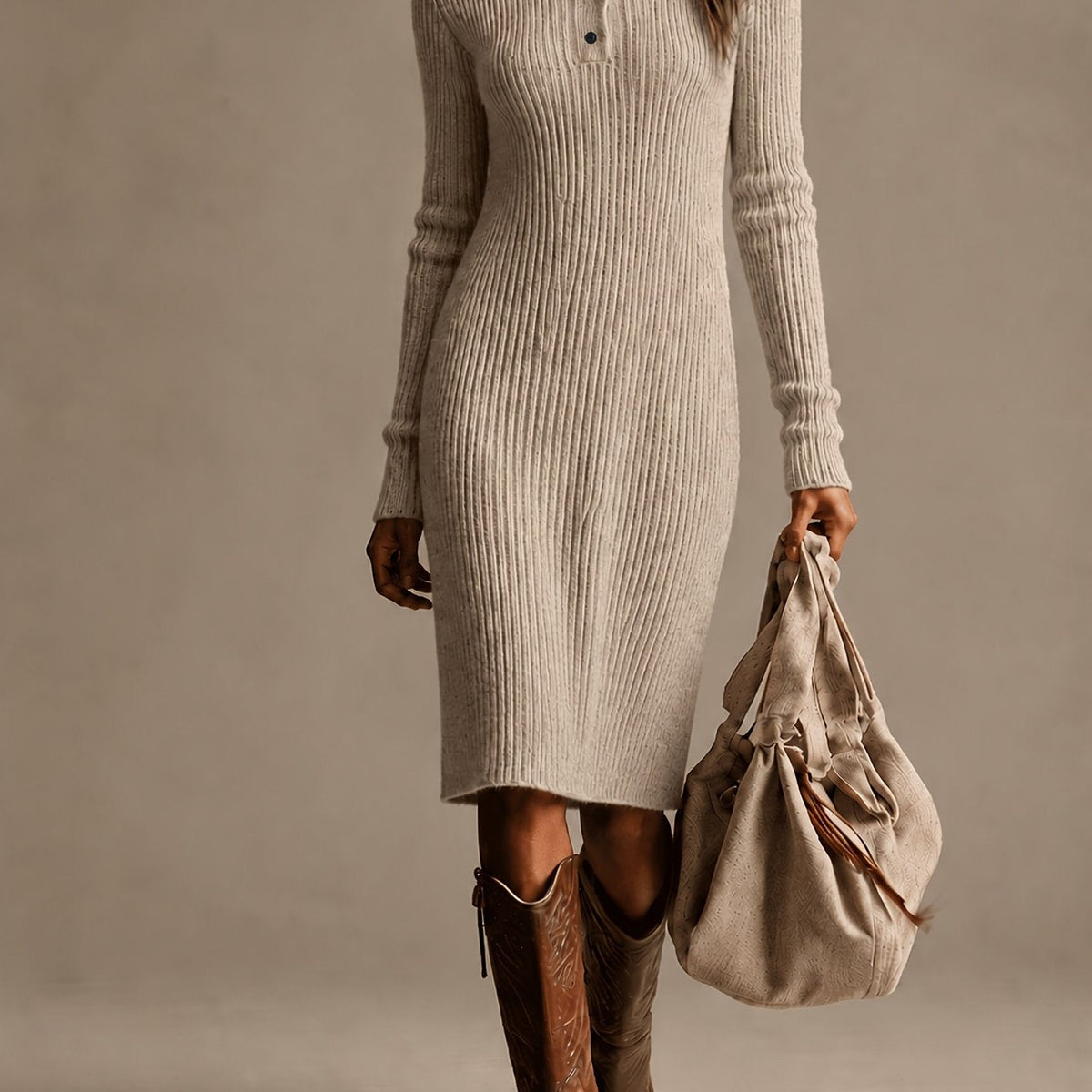Ribbed Knit V-Neck Long Sleeve Midi Dress Modeberg Bern