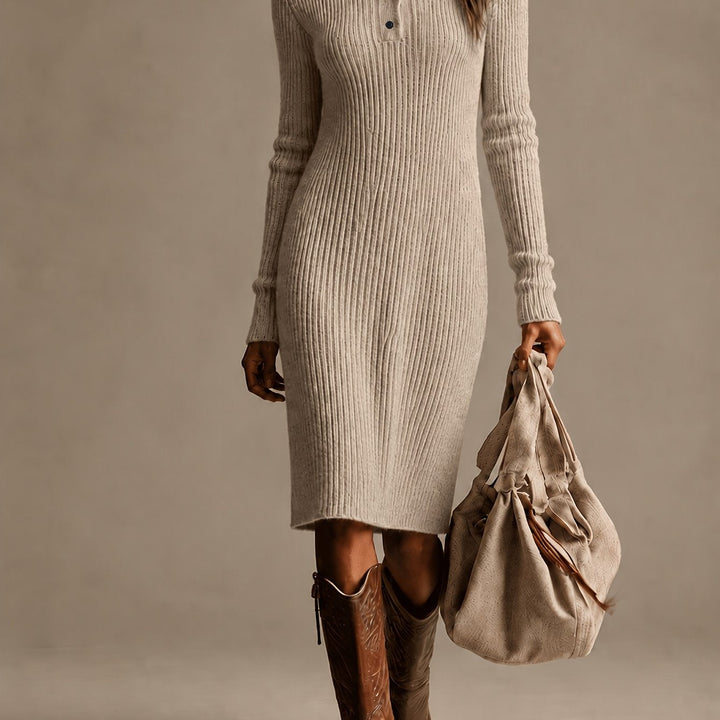 Ribbed Knit V-Neck Long Sleeve Midi Dress Modeberg Bern
