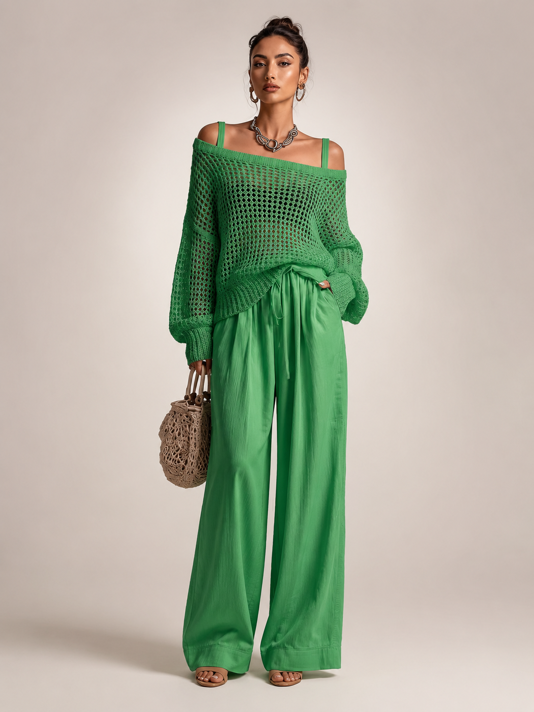 Off-Shoulder Knit Co-Ord Set with Wide-Leg Trousers Modeberg Bern