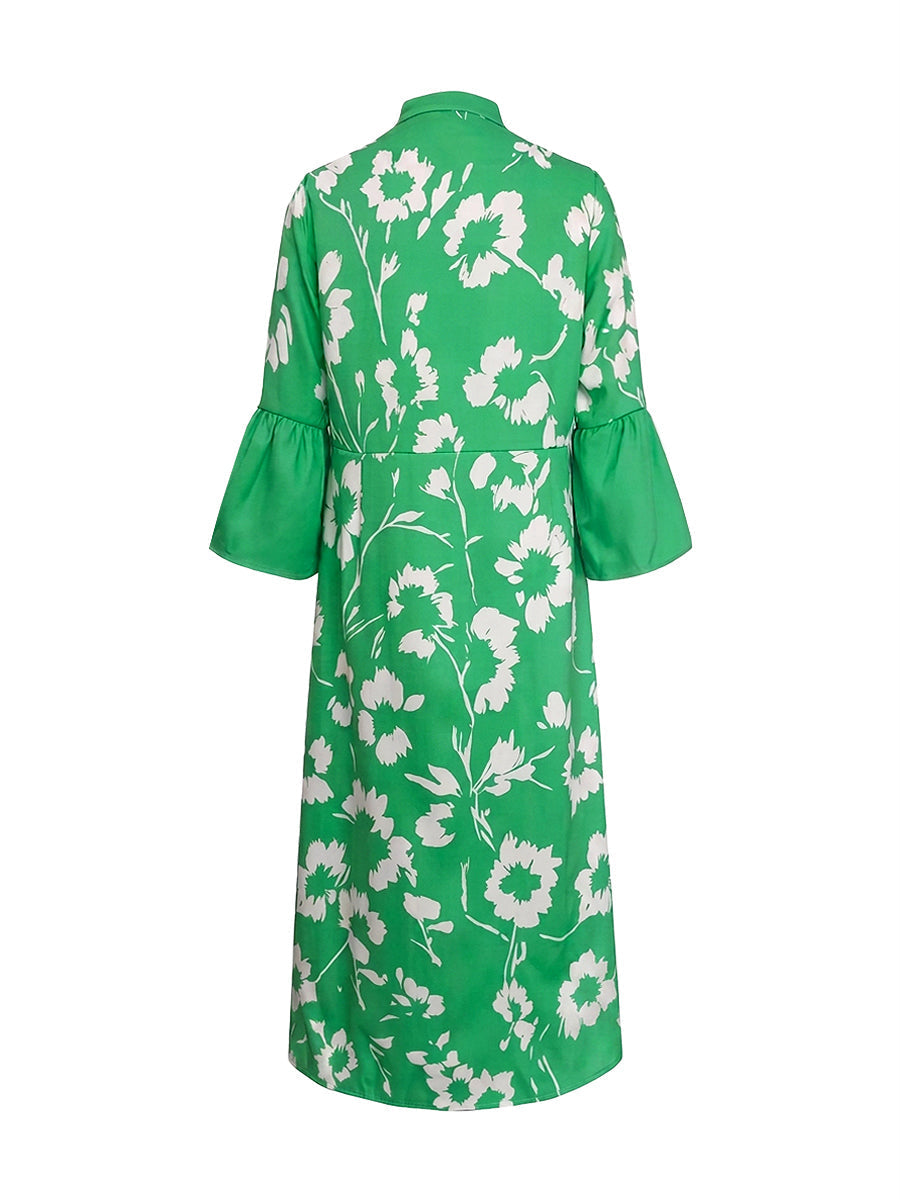 Floral Print Pleated Maxi Dress – Flared Sleeve V-Neck Modeberg Bern