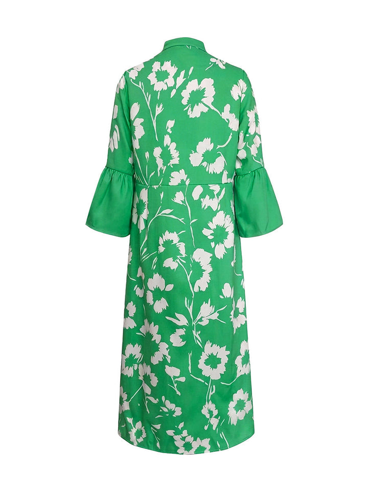 Floral Print Pleated Maxi Dress – Flared Sleeve V-Neck Modeberg Bern