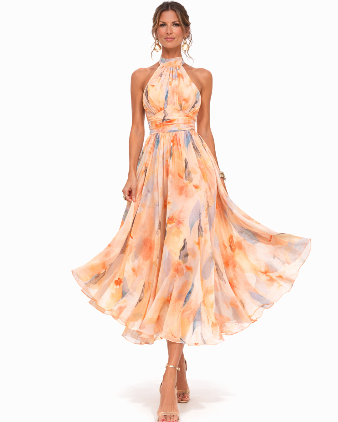 Watercolour Print Halter Neck Occasion Midi Dress Modeberg Bern