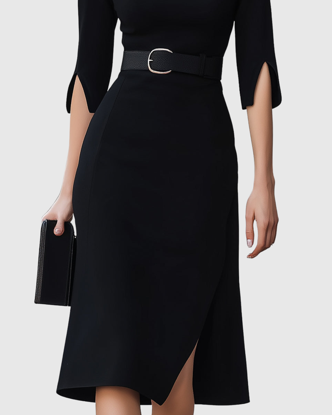 Belted High-Neck Black Midi Dress Modeberg Bern