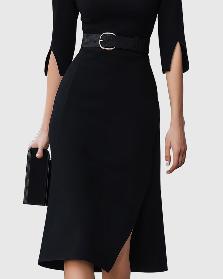 Belted High-Neck Black Midi Dress Modeberg Bern