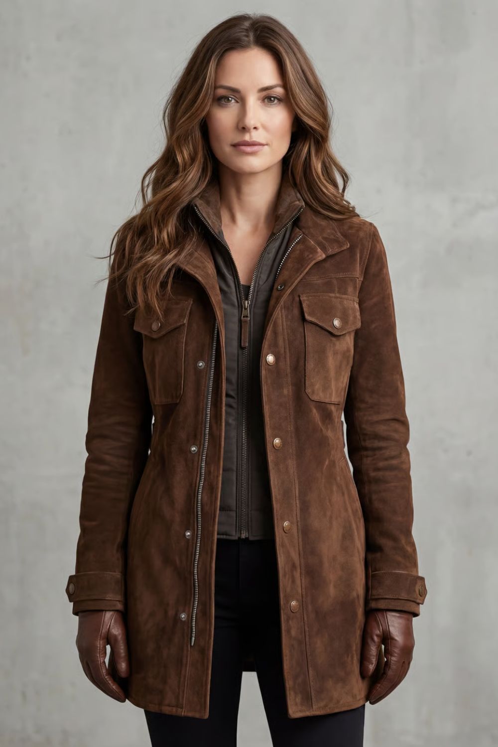Longline Coat with Suede Effect and Flap Chest Pockets Modeberg Bern