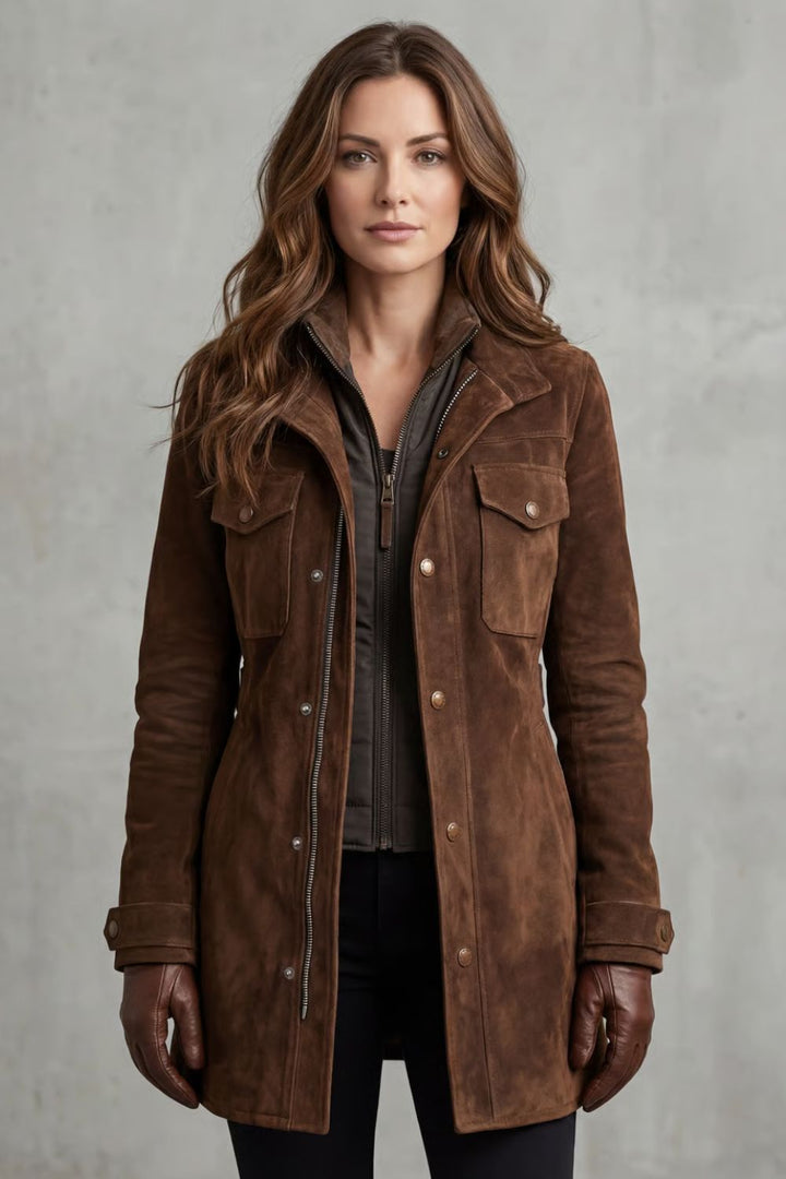 Longline Coat with Suede Effect and Flap Chest Pockets Modeberg Bern