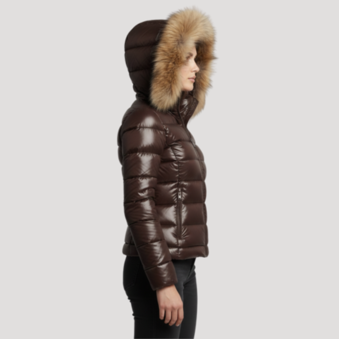 Faux Fur Hooded Puffer Jacket with Glossy Finish Modeberg Bern