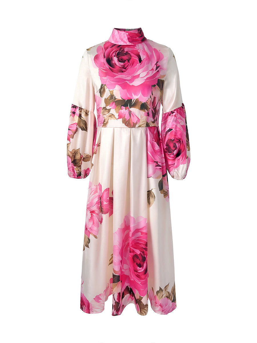 Floral Print A-Line Maxi Dress – Pleated Mock Neck Modeberg Bern