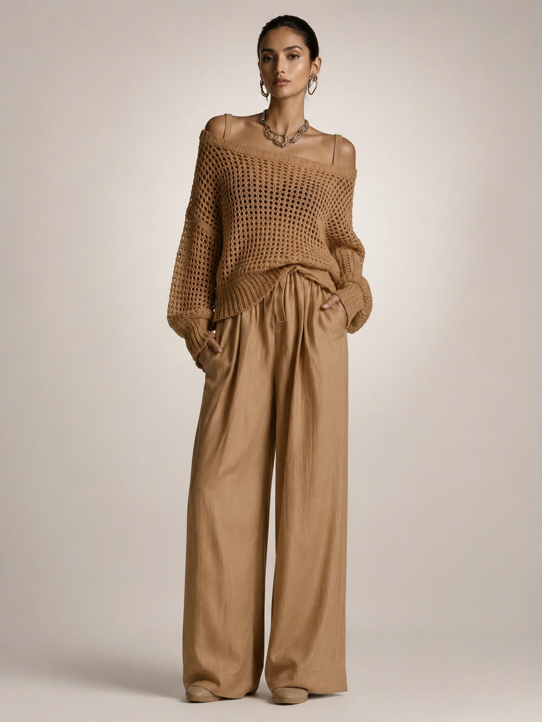 Off-Shoulder Knit Co-Ord Set with Wide-Leg Trousers Modeberg Bern