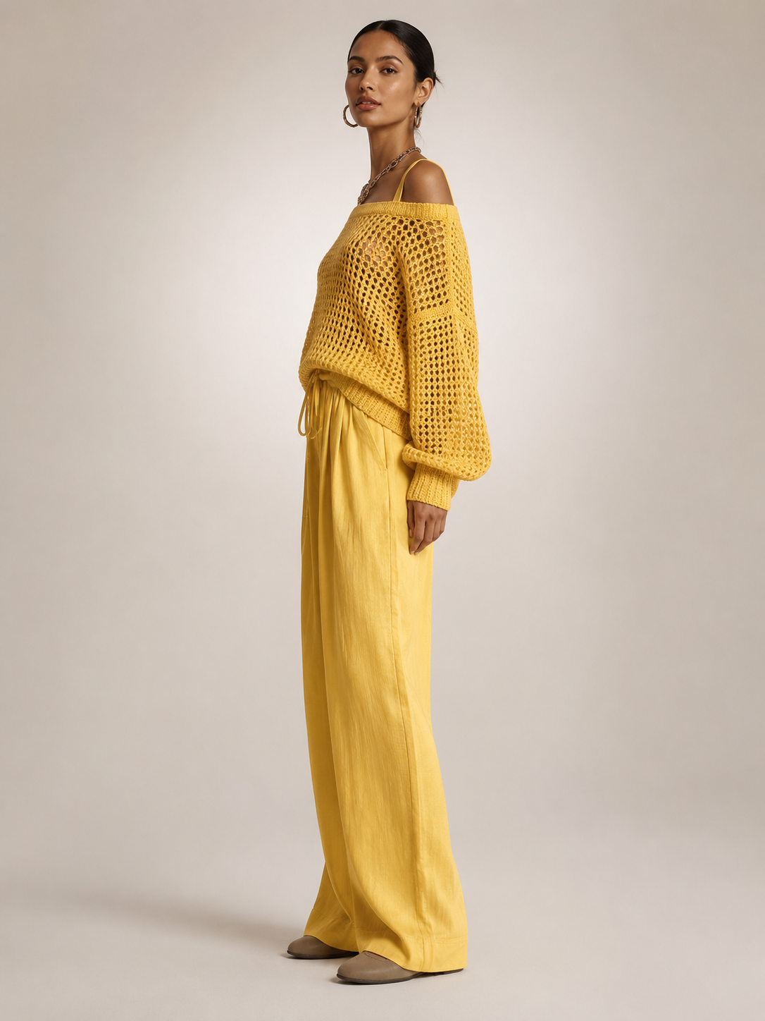 Off-Shoulder Knit Co-Ord Set with Wide-Leg Trousers Modeberg Bern