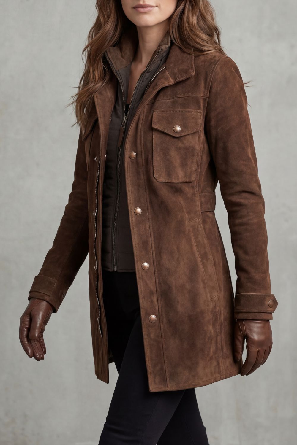 Longline Coat with Suede Effect and Flap Chest Pockets Modeberg Bern