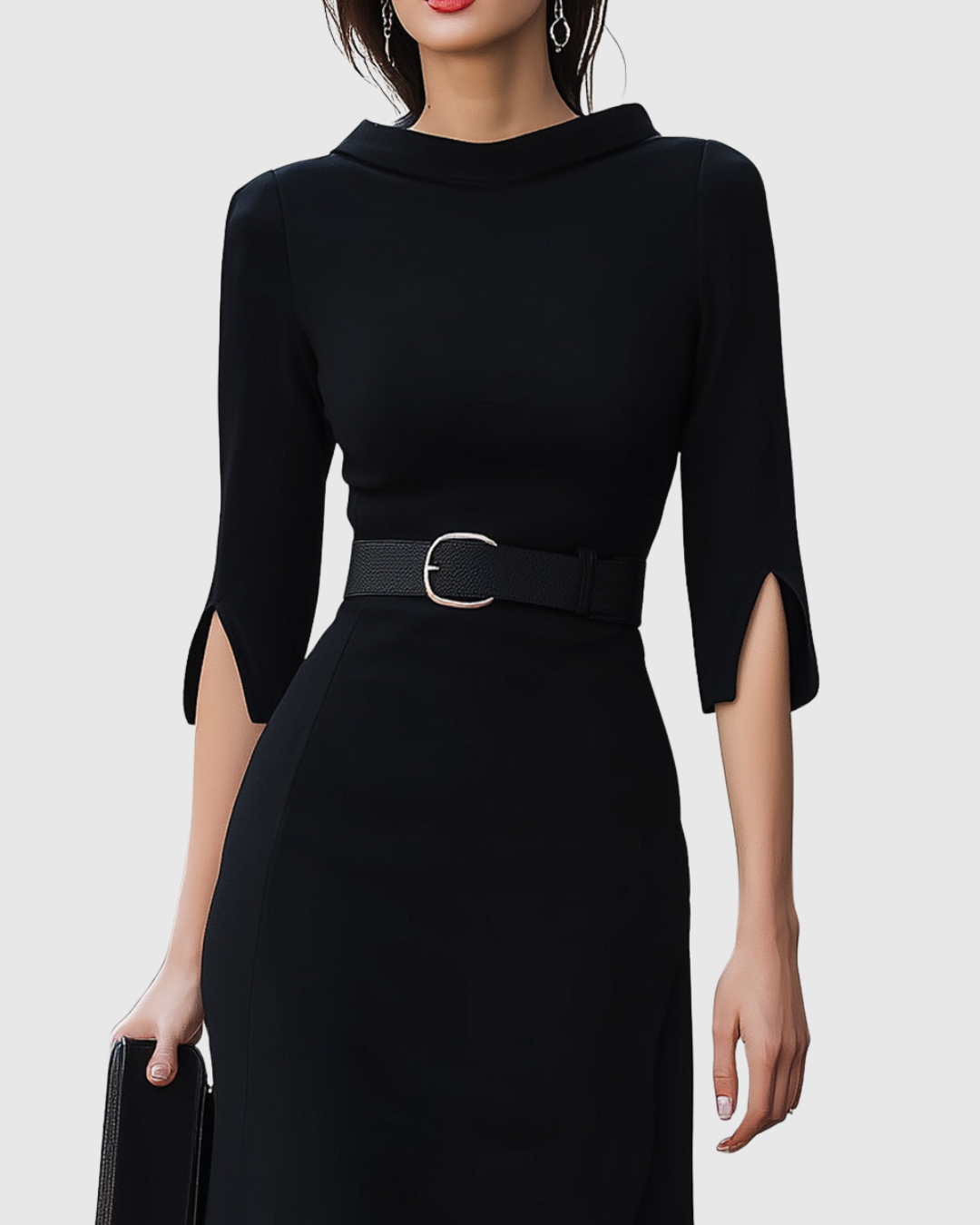 Belted High-Neck Black Midi Dress Modeberg Bern