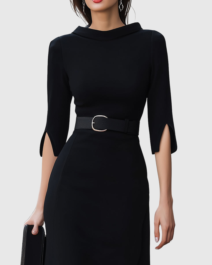Belted High-Neck Black Midi Dress Modeberg Bern