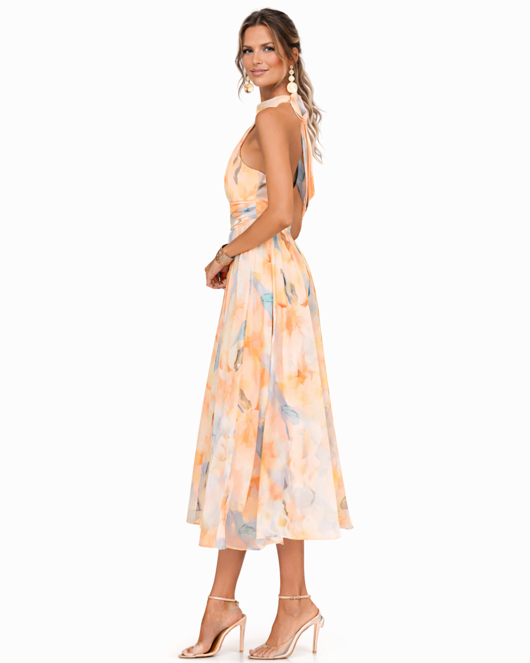 Watercolour Print Halter Neck Occasion Midi Dress Modeberg Bern