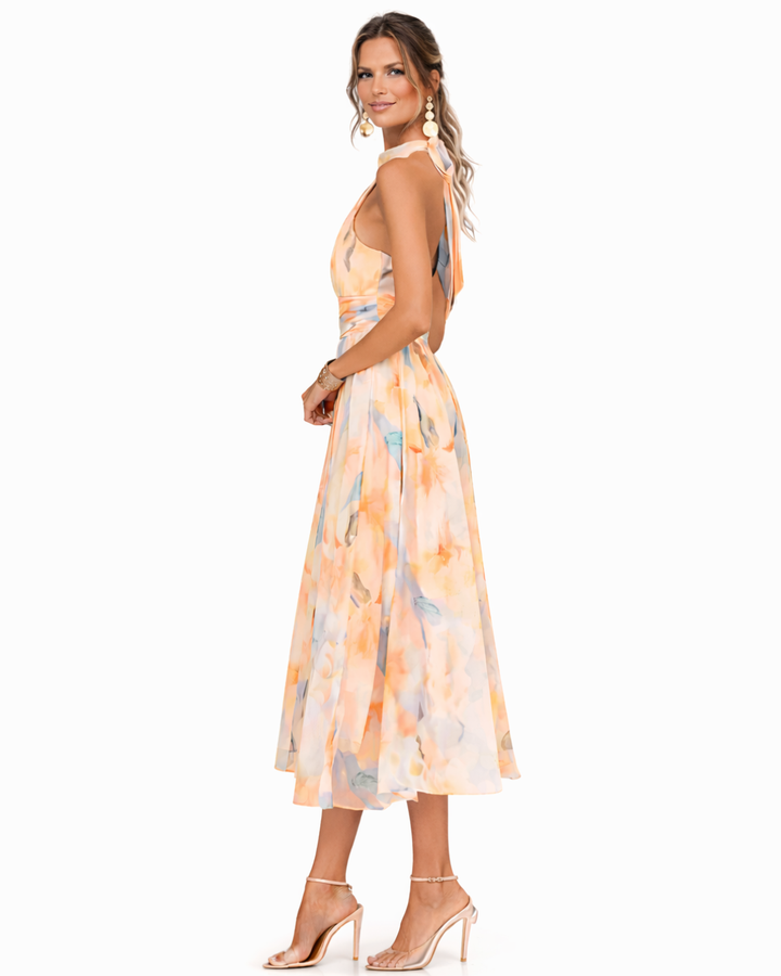 Watercolour Print Halter Neck Occasion Midi Dress Modeberg Bern