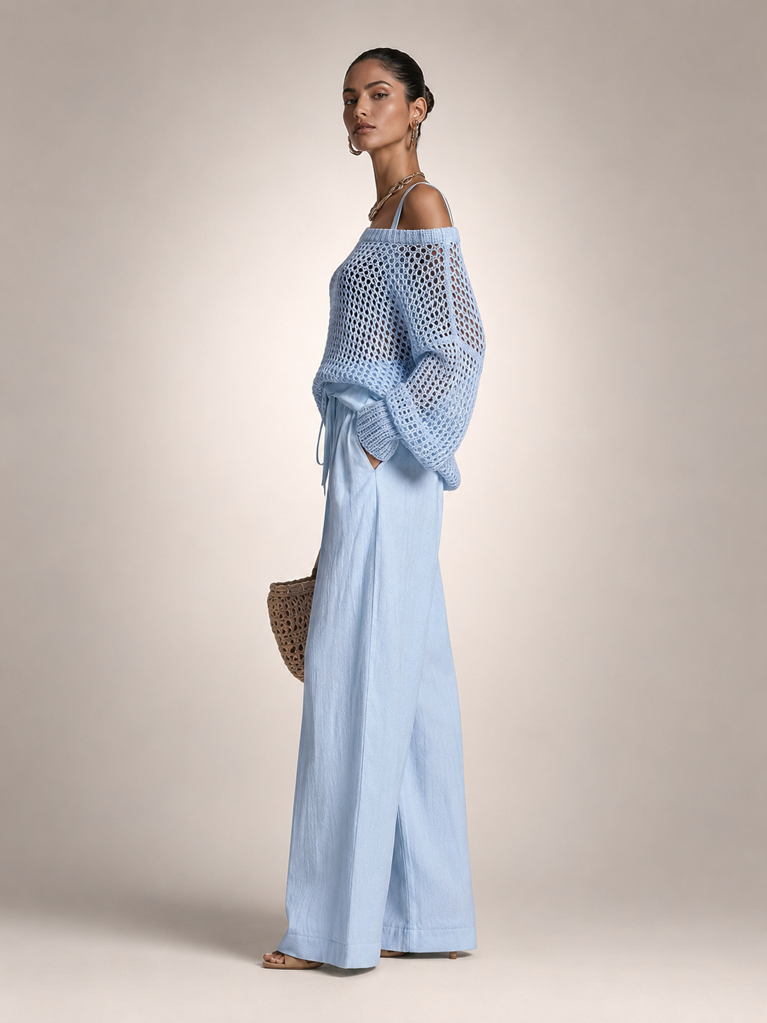 Off-Shoulder Knit Co-Ord Set with Wide-Leg Trousers Modeberg Bern