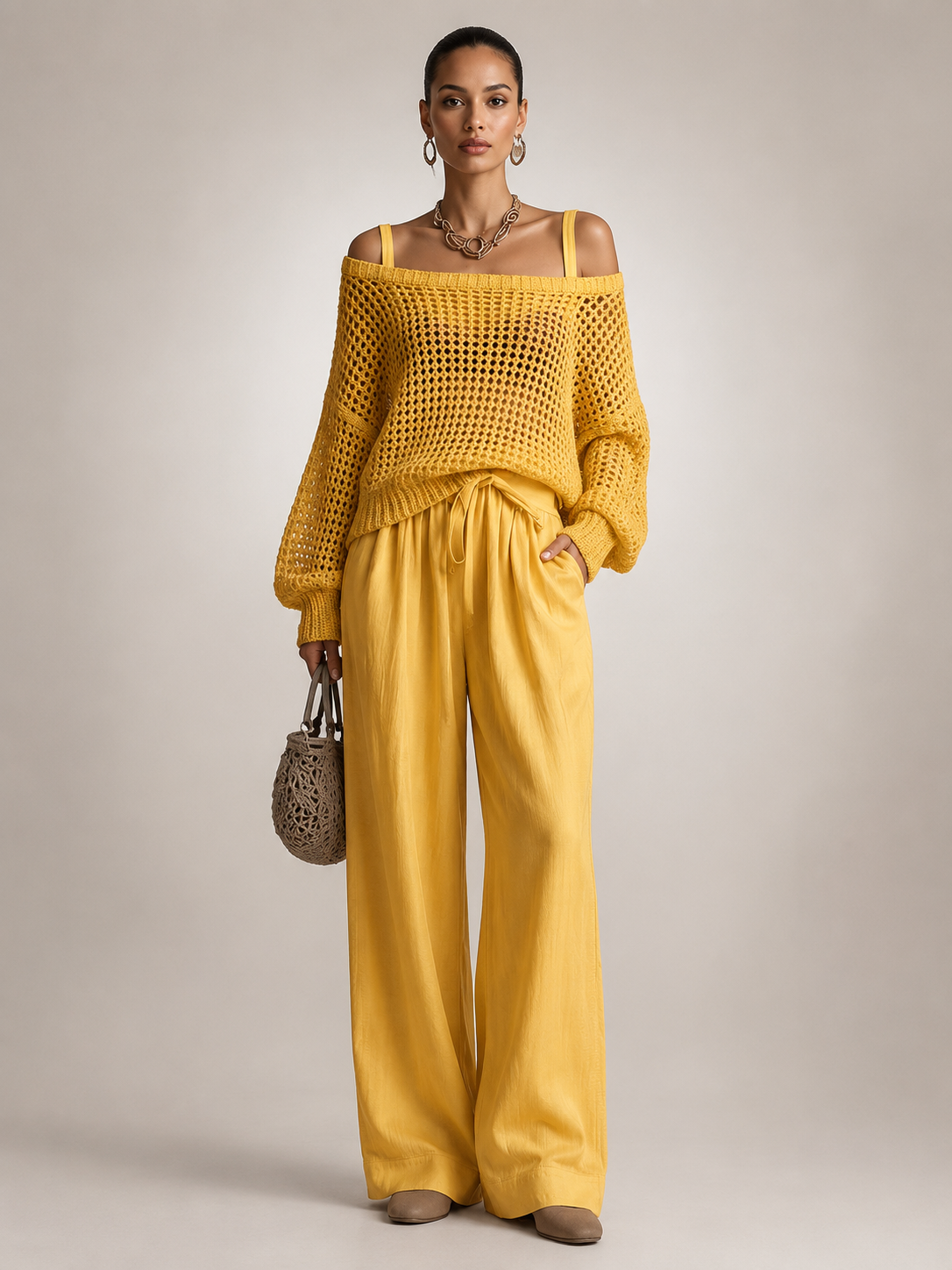 Off-Shoulder Knit Co-Ord Set with Wide-Leg Trousers Modeberg Bern