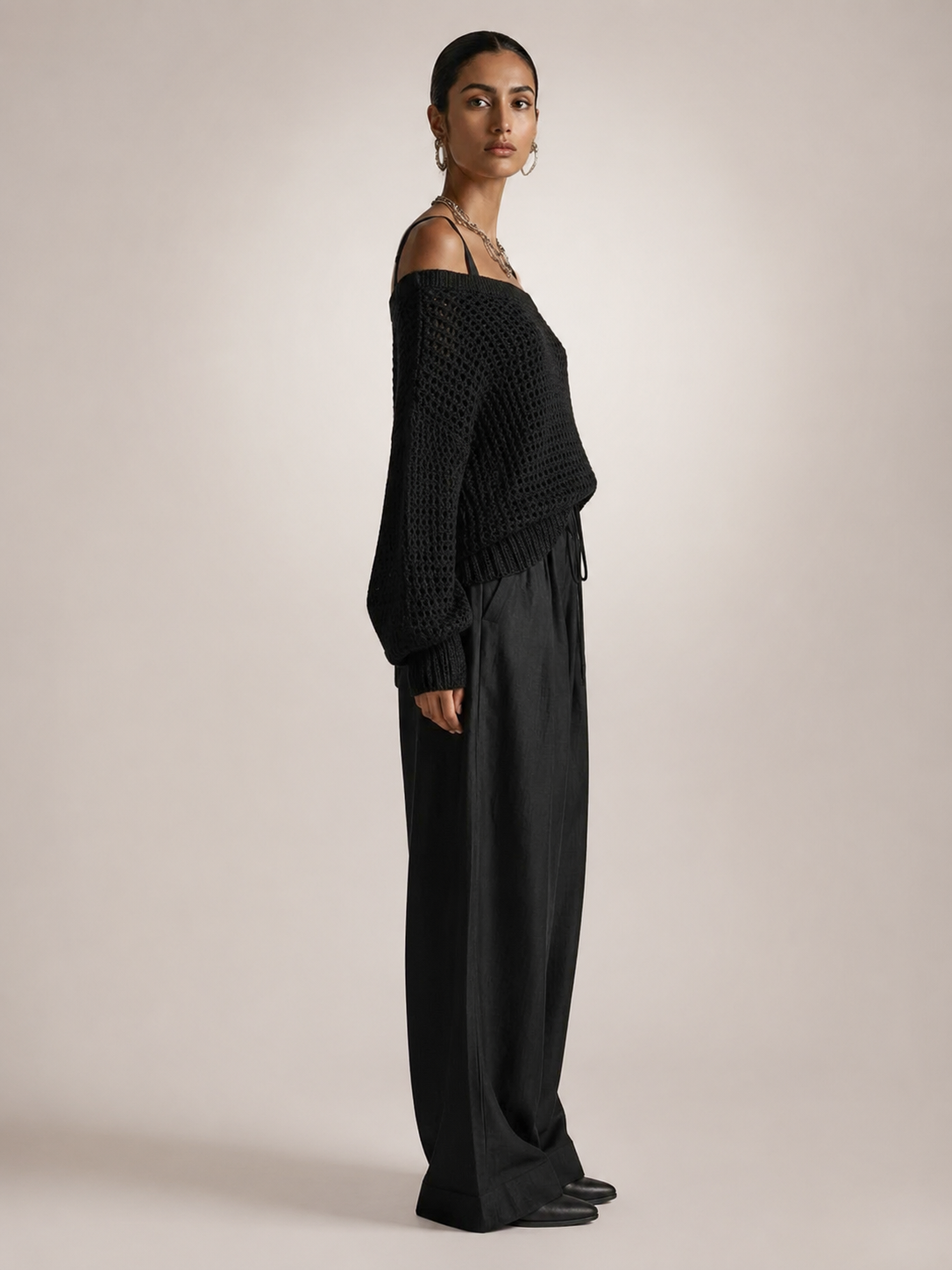 Off-Shoulder Knit Co-Ord Set with Wide-Leg Trousers Modeberg Bern