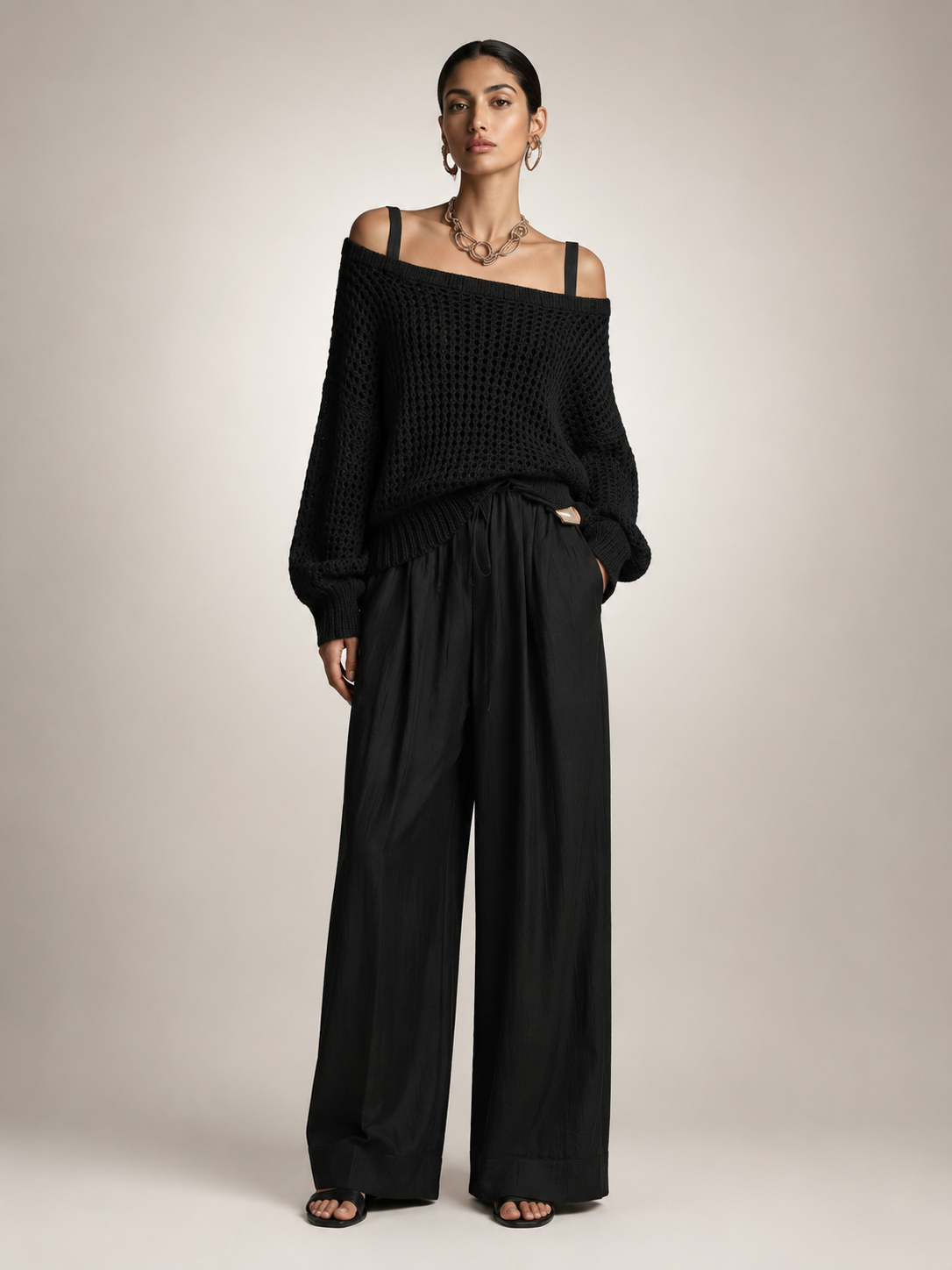 Off-Shoulder Knit Co-Ord Set with Wide-Leg Trousers Modeberg Bern