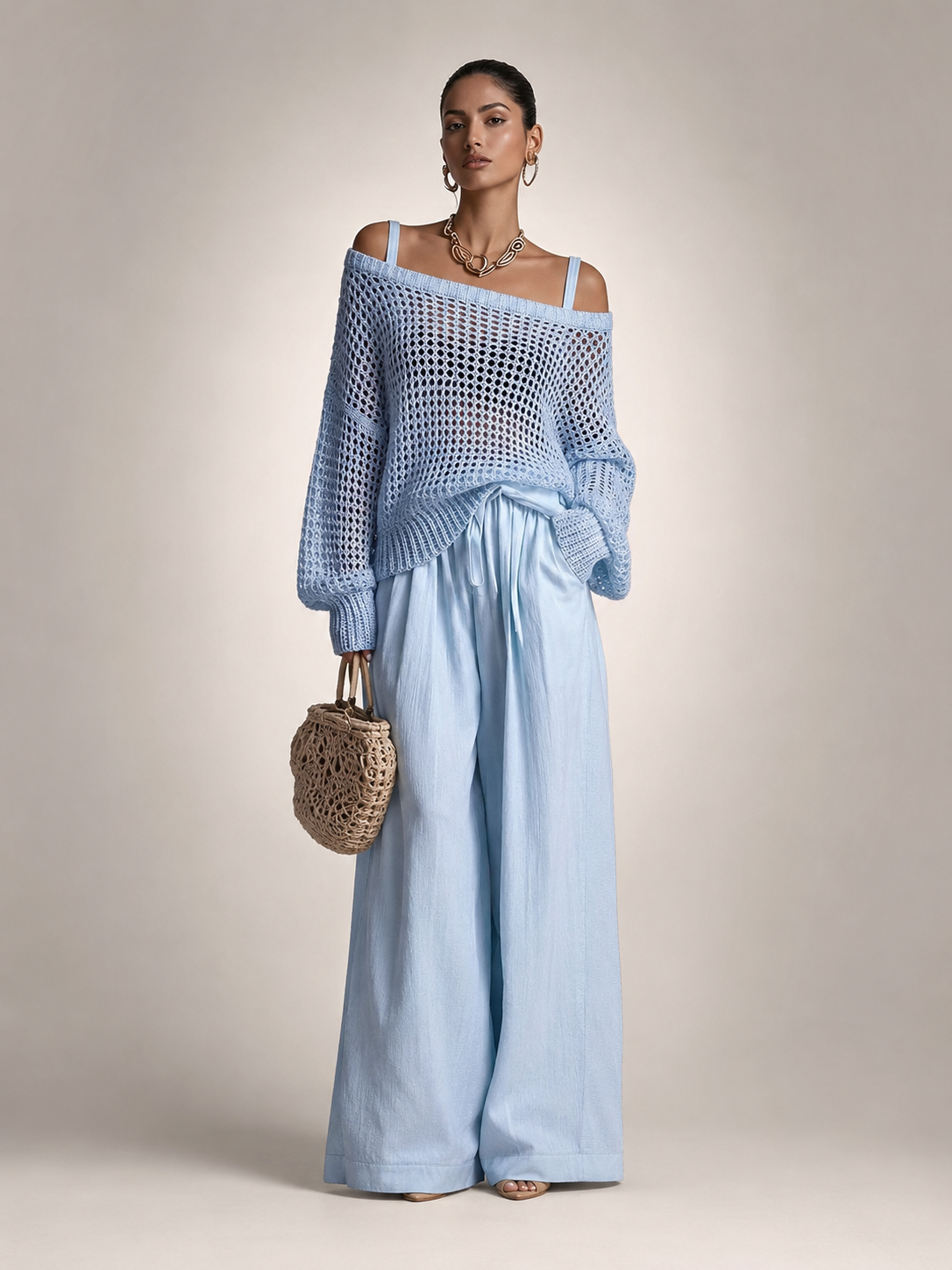 Off-Shoulder Knit Co-Ord Set with Wide-Leg Trousers Modeberg Bern