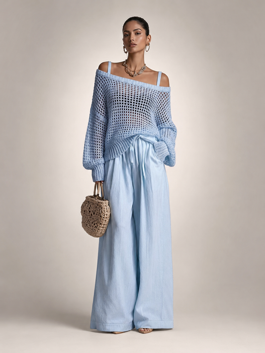 Off-Shoulder Knit Co-Ord Set with Wide-Leg Trousers Modeberg Bern