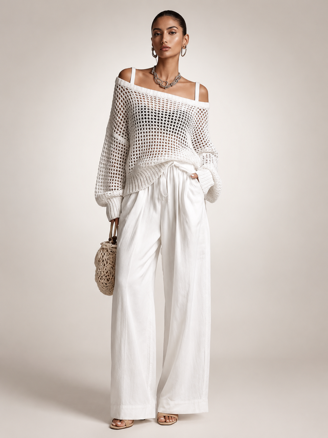 Off-Shoulder Knit Co-Ord Set with Wide-Leg Trousers Modeberg Bern