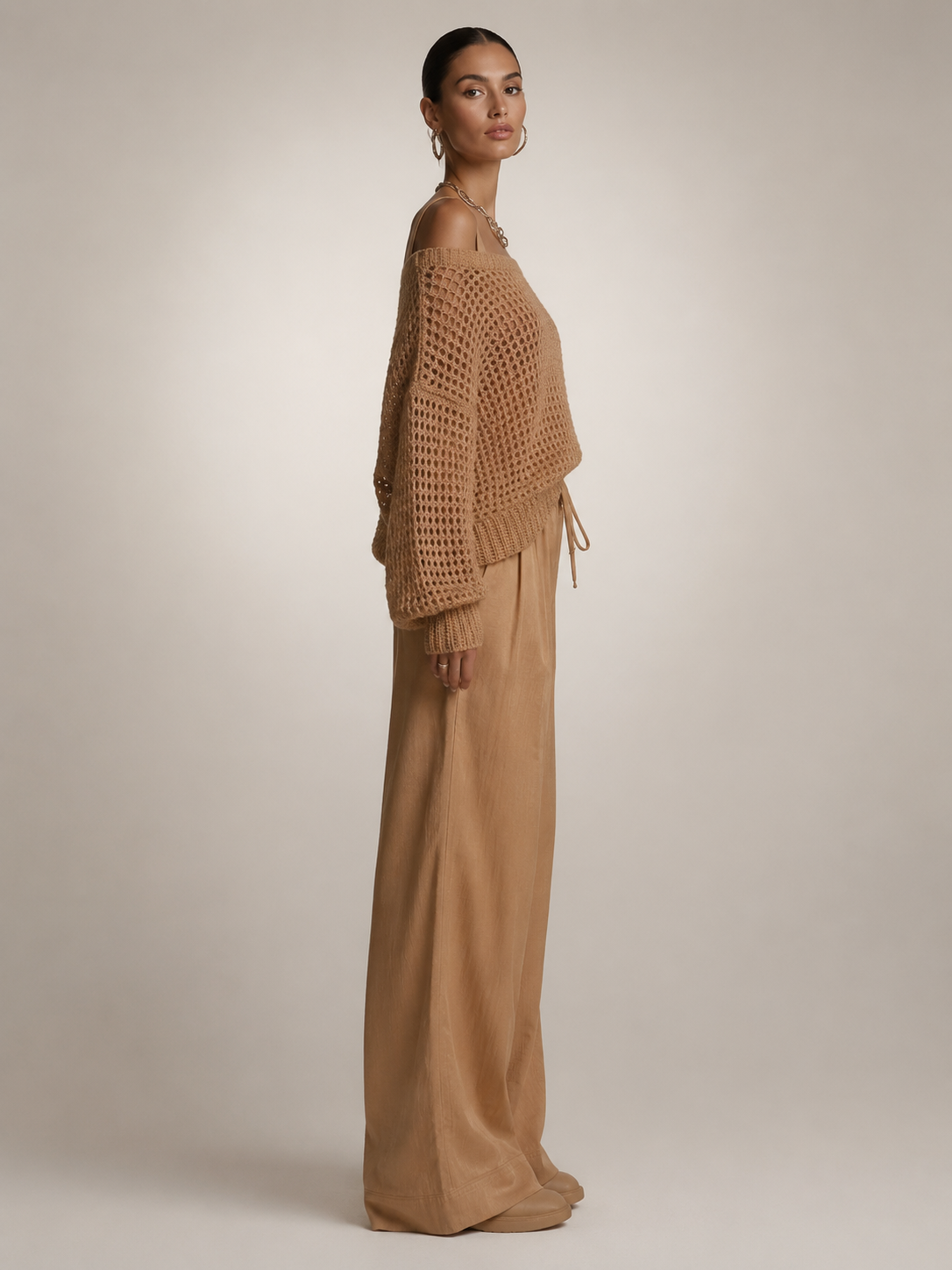 Off-Shoulder Knit Co-Ord Set with Wide-Leg Trousers Modeberg Bern