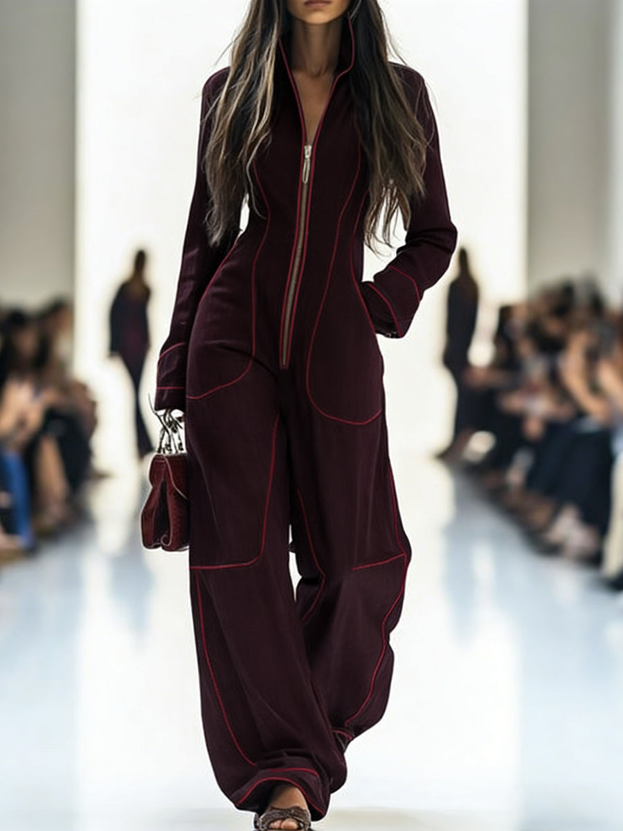 Denim Long Sleeve Jumpsuit with Stand Collar and Wide Leg Modeberg Bern