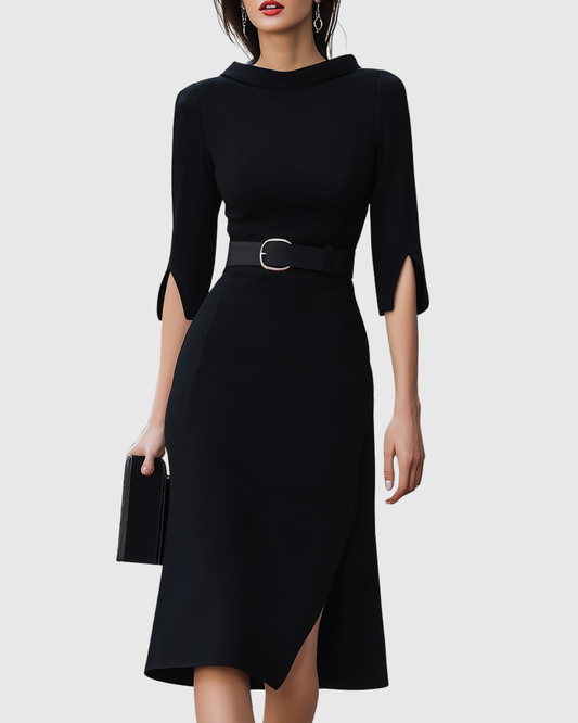Belted High-Neck Black Midi Dress Modeberg Bern