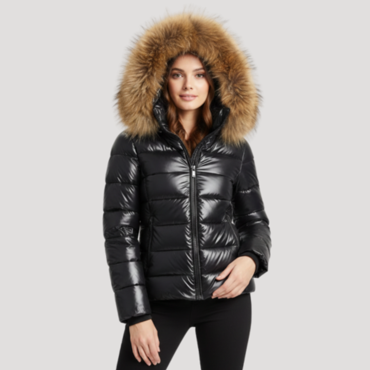 Faux Fur Hooded Puffer Jacket with Glossy Finish Modeberg Bern