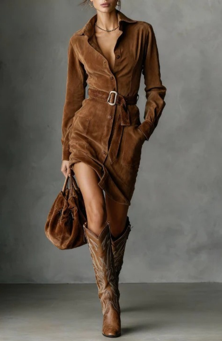 Collared Belted Button-Front Mini Shirt Dress Modeberg Bern