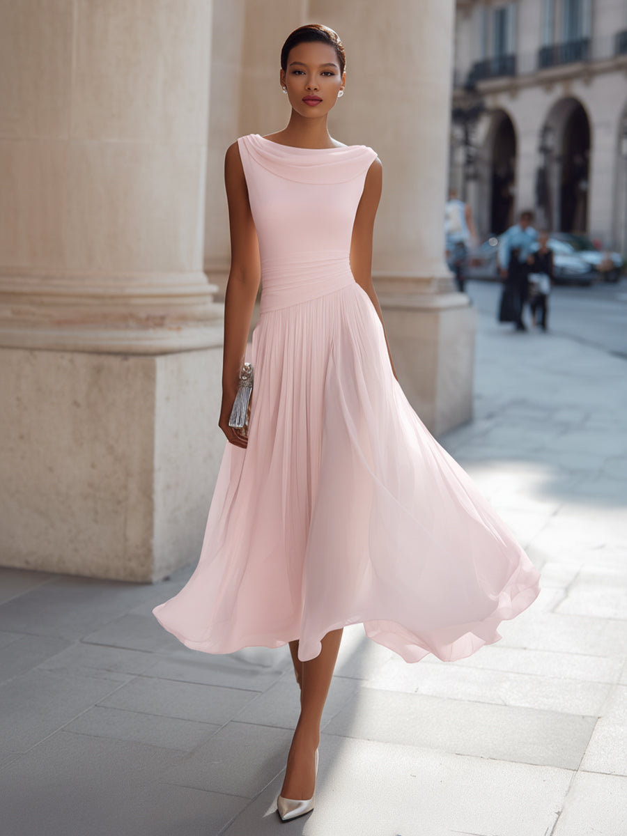 Draped Neck Sleeveless Pleated Occasion Midi Dress Modeberg Bern