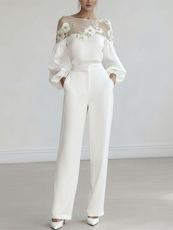 White Floral Applique Mesh Puff Sleeve Blouse Modeberg Bern