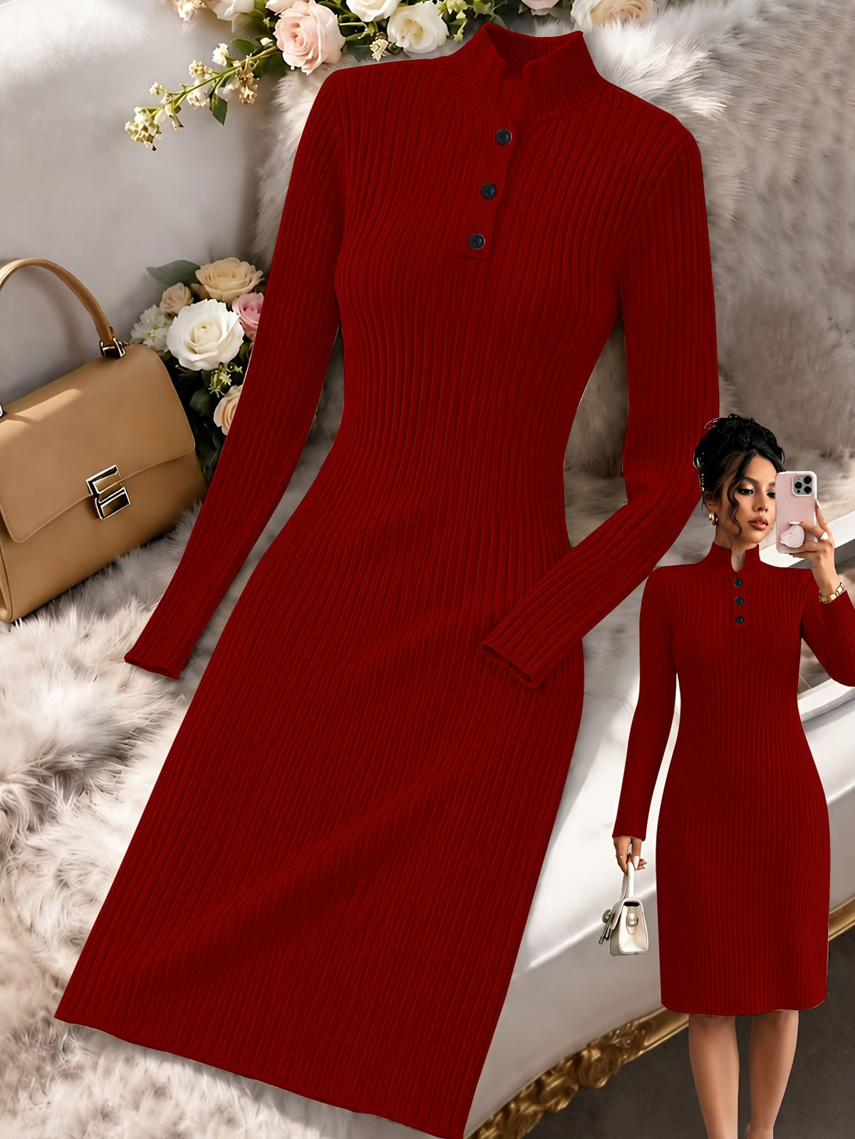Ribbed Knit V-Neck Long Sleeve Midi Dress Modeberg Bern