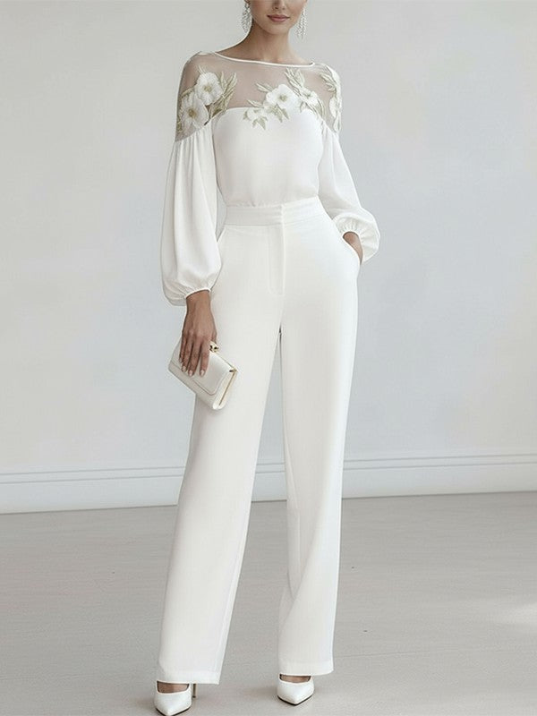 White Floral Applique Mesh Puff Sleeve Blouse Modeberg Bern