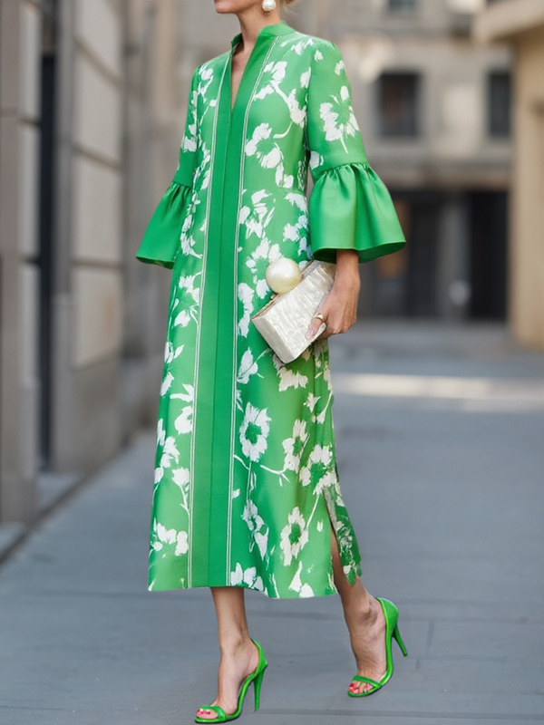 Floral Print Pleated Maxi Dress – Flared Sleeve V-Neck Modeberg Bern